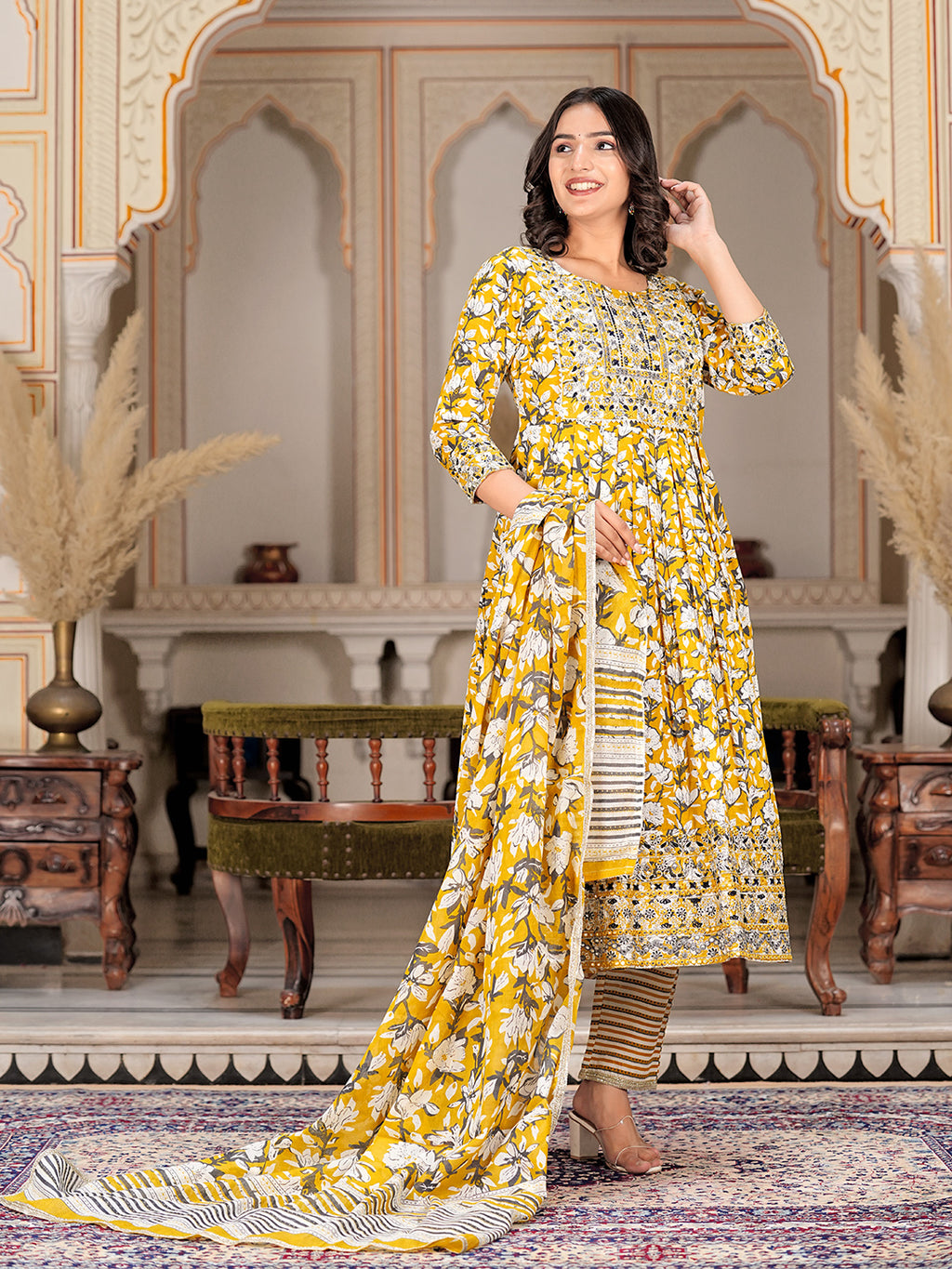 Womens Pure cotton embroidered kurta pant dupatta set