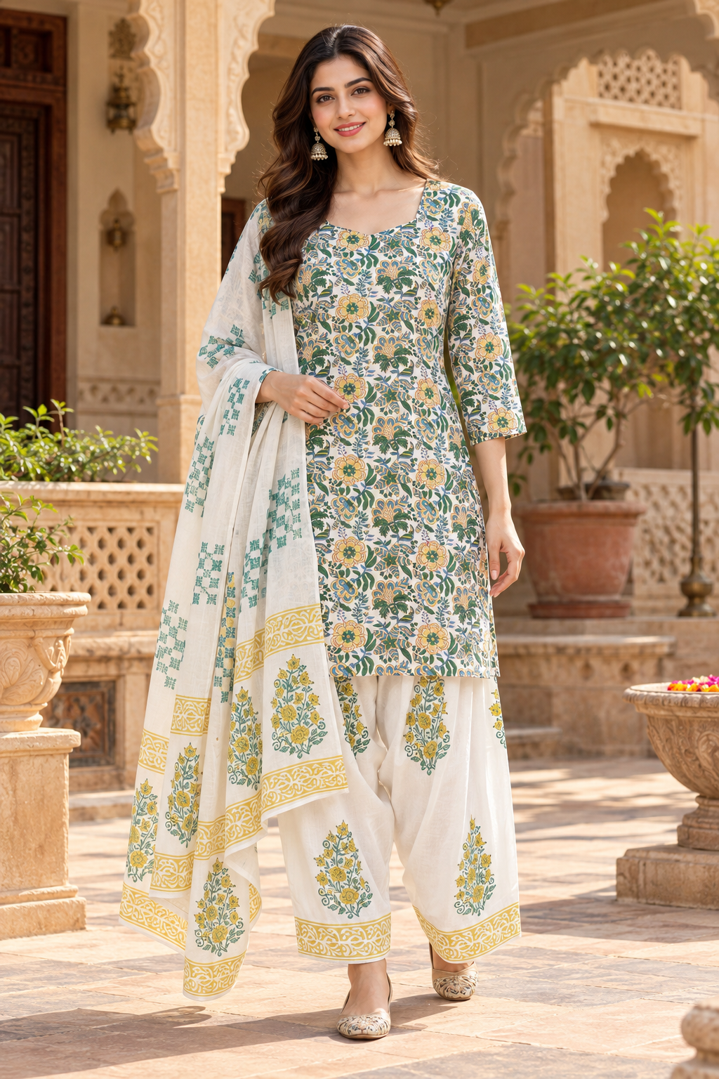 Green & Mustard Floral Printed Short Kurta Farshi Salwar Suit Set with Dupatta