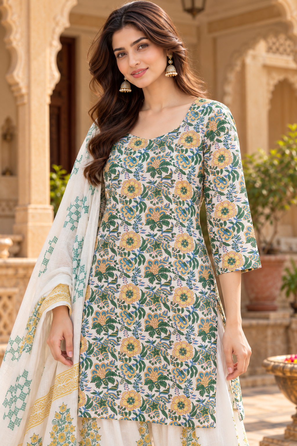 Green & Mustard Floral Printed Short Kurta Farshi Salwar Suit Set with Dupatta