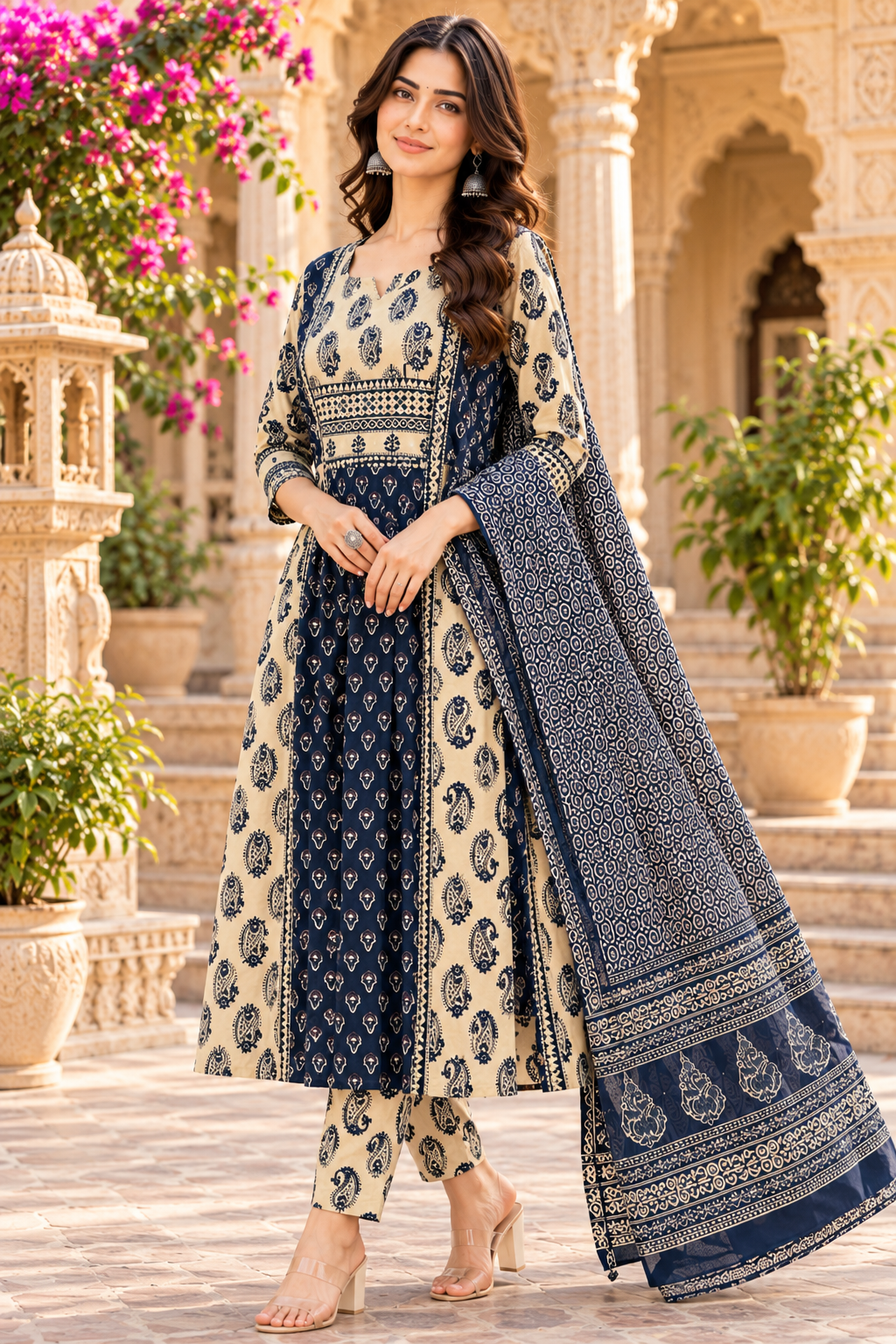 ERISHA Navy Blue & Beige Paisley Printed Pleated  Kurta Pant Set with Dupatta