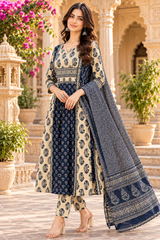 ERISHA Navy Blue & Beige Paisley Printed Pleated  Kurta Pant Set with Dupatta