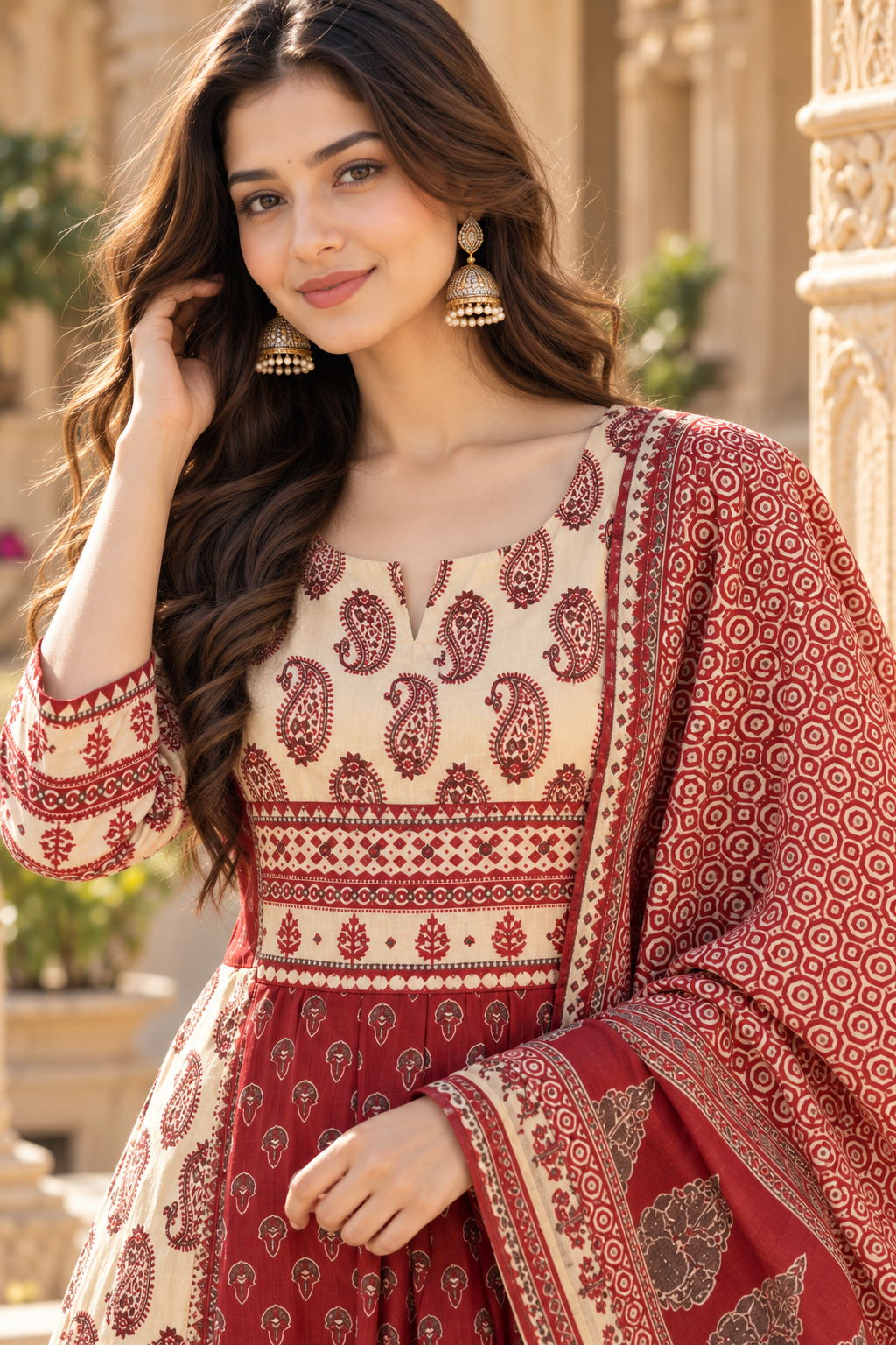 Maroon & Cream Paisley Printed Pleated pure cotton Kurta Pant Set with Dupatta