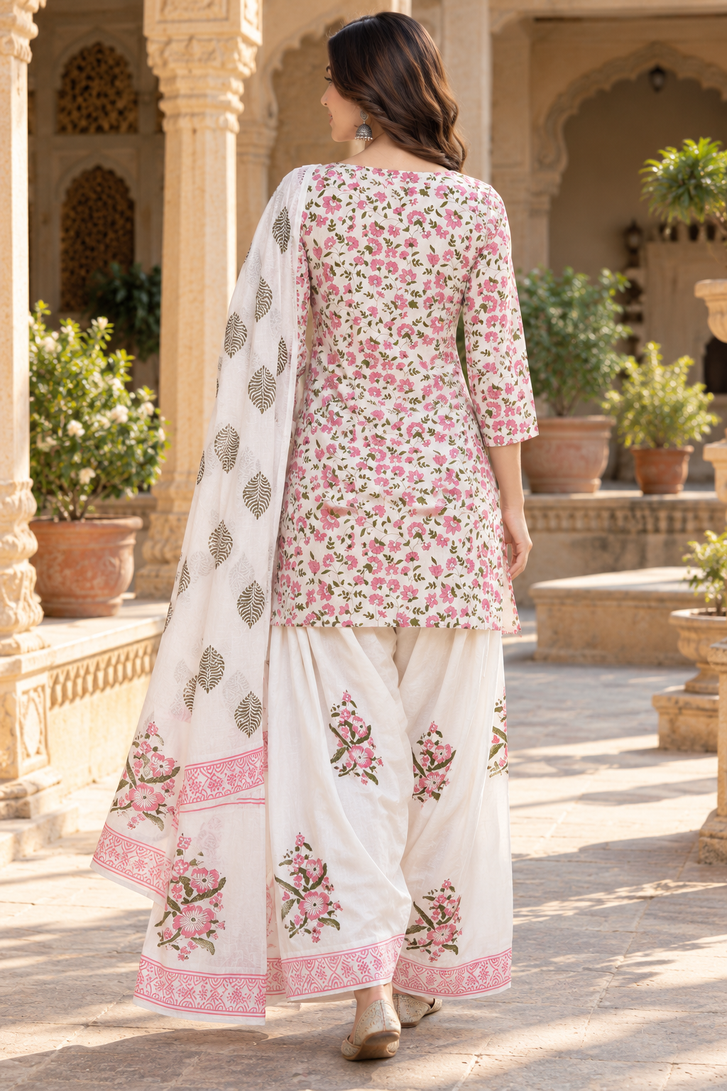 Pink & cotton Ditsy Floral Printed Short Kurta Farshi Salwar Suit Set with Dupatta