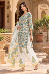 Green & Mustard Floral Printed Short Kurta Farshi Salwar Suit Set with Dupatta