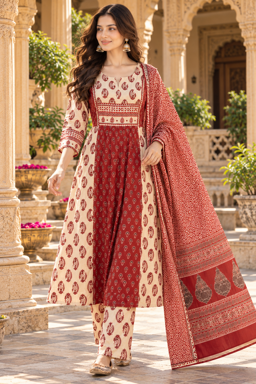 Maroon & Cream Paisley Printed Pleated pure cotton Kurta Pant Set with Dupatta