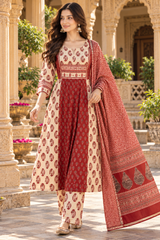 Maroon & Cream Paisley Printed Pleated pure cotton Kurta Pant Set with Dupatta