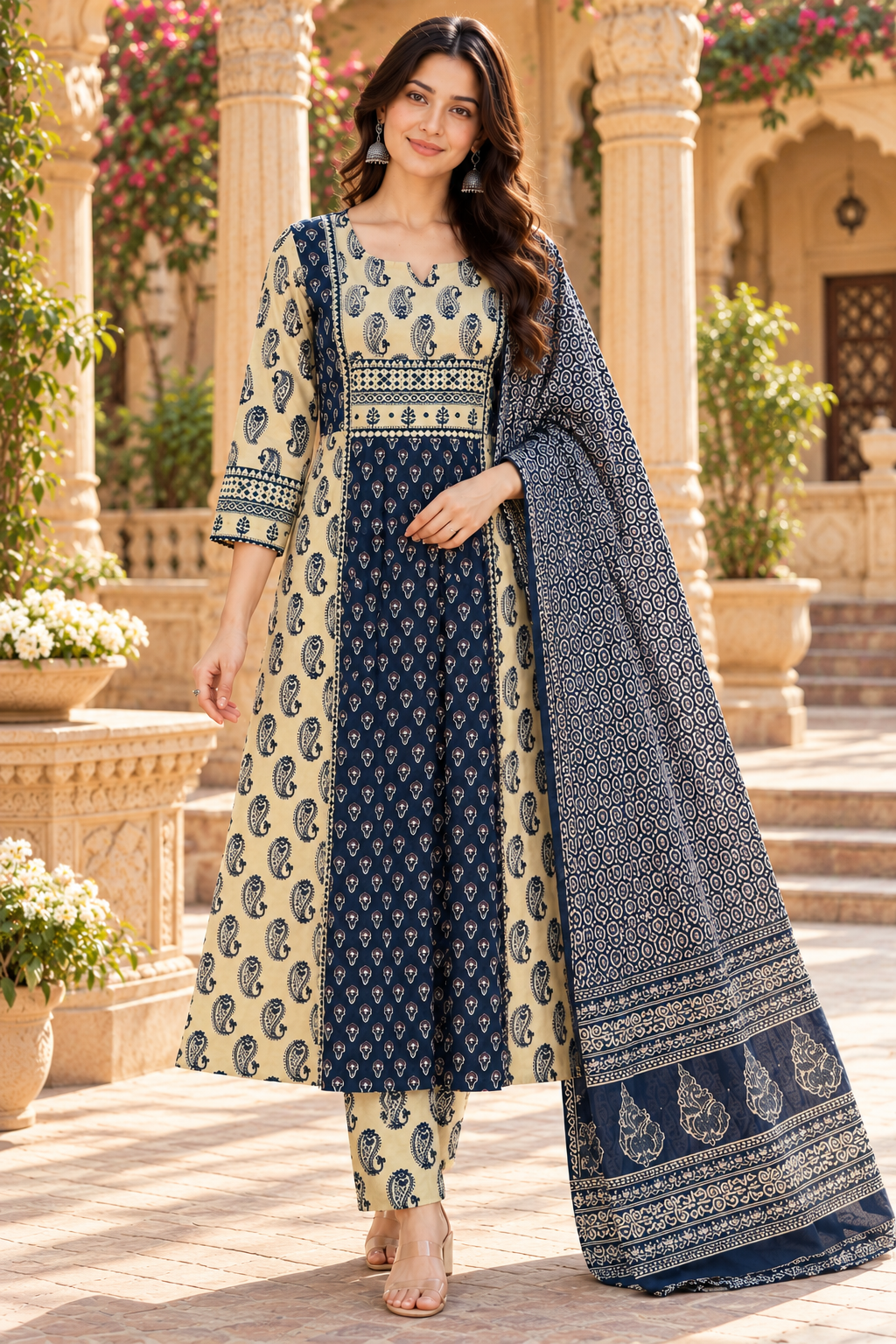 ERISHA Navy Blue & Beige Paisley Printed Pleated  Kurta Pant Set with Dupatta