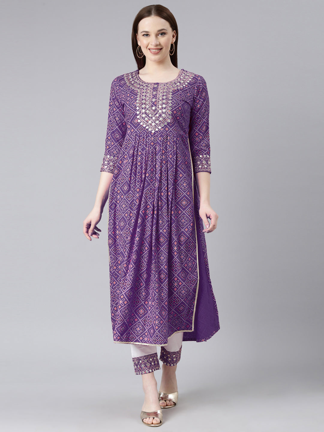 Womens Bhandej print Embroidered Rayon kurta and pant set