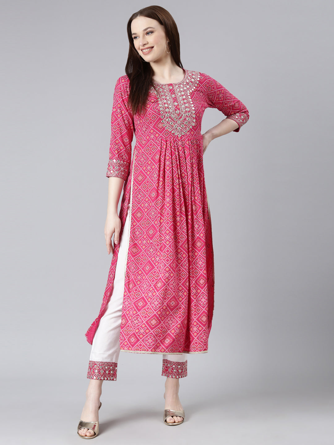 Womens Bhandej print Embroidered Rayon kurta and pant set