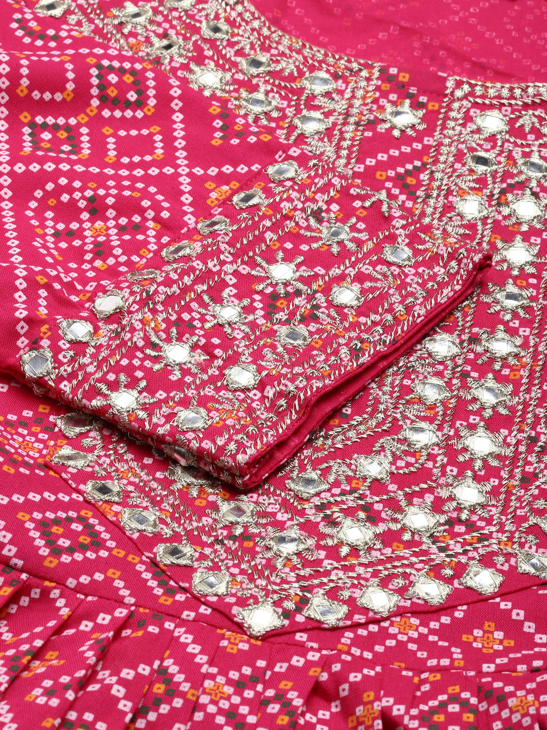 Womens Bhandej print Embroidered Rayon kurta and pant set