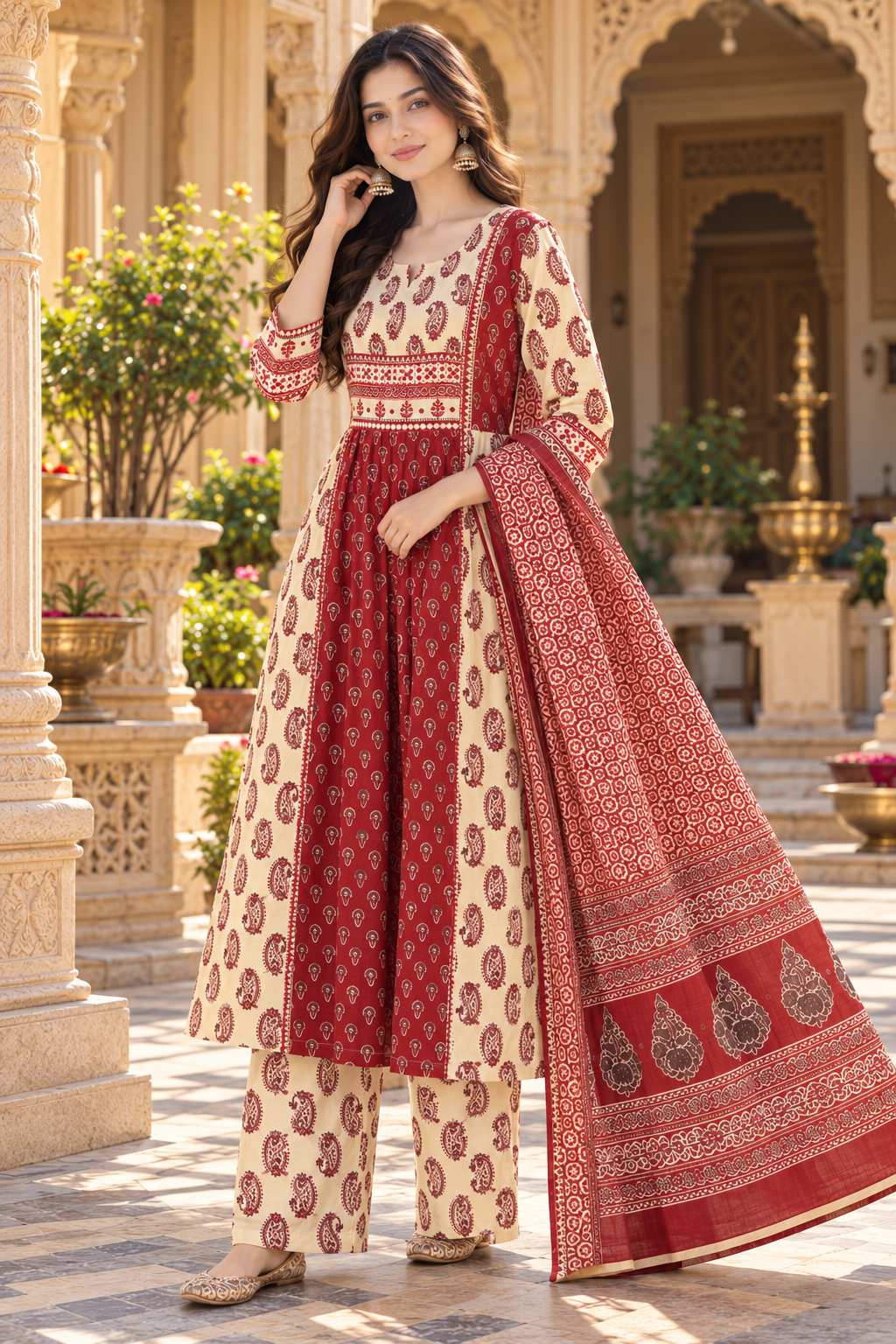 Maroon & Cream Paisley Printed Pleated pure cotton Kurta Pant Set with Dupatta