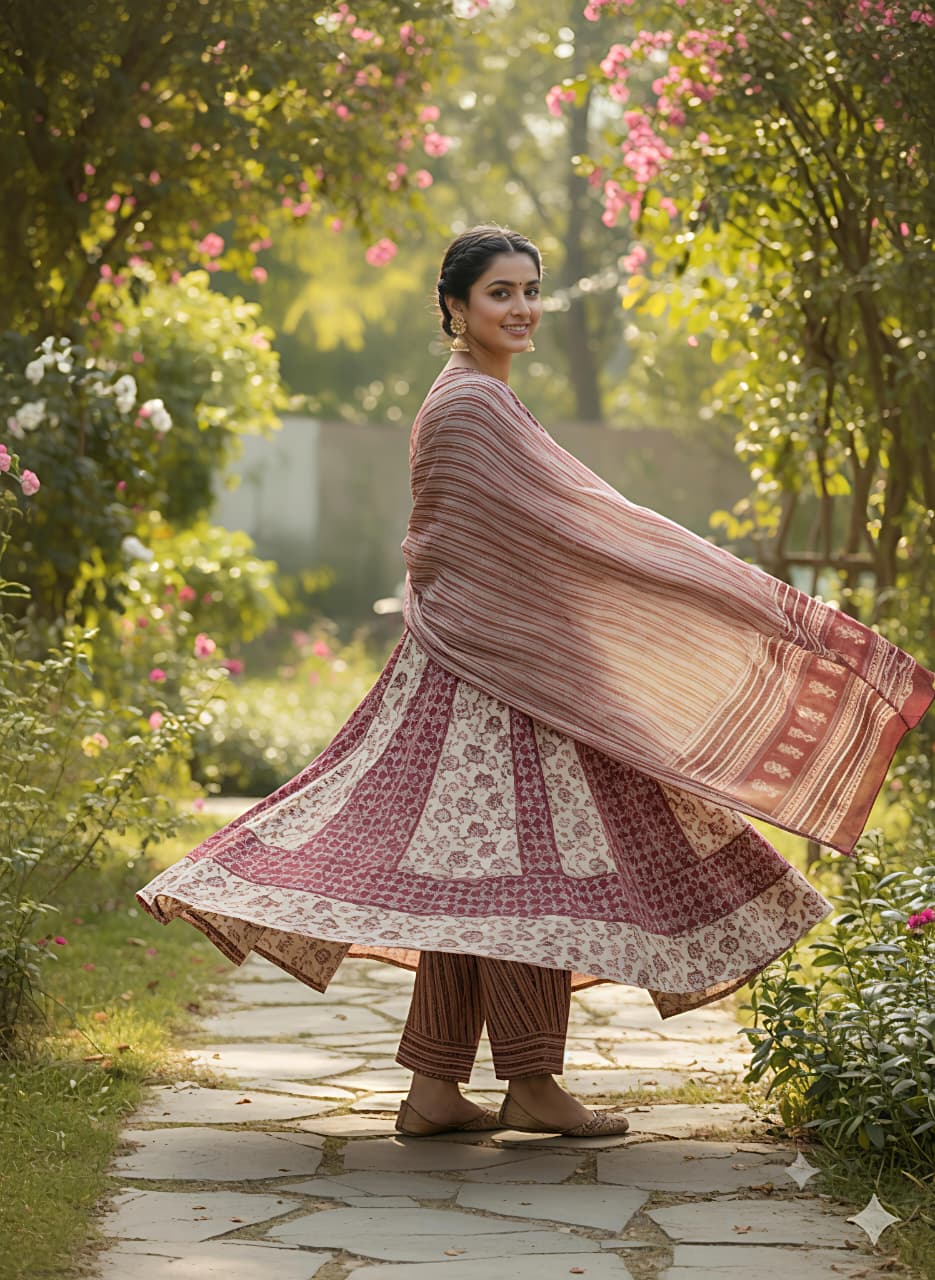 Womens pure cotton Flared Kurta pant duptta set