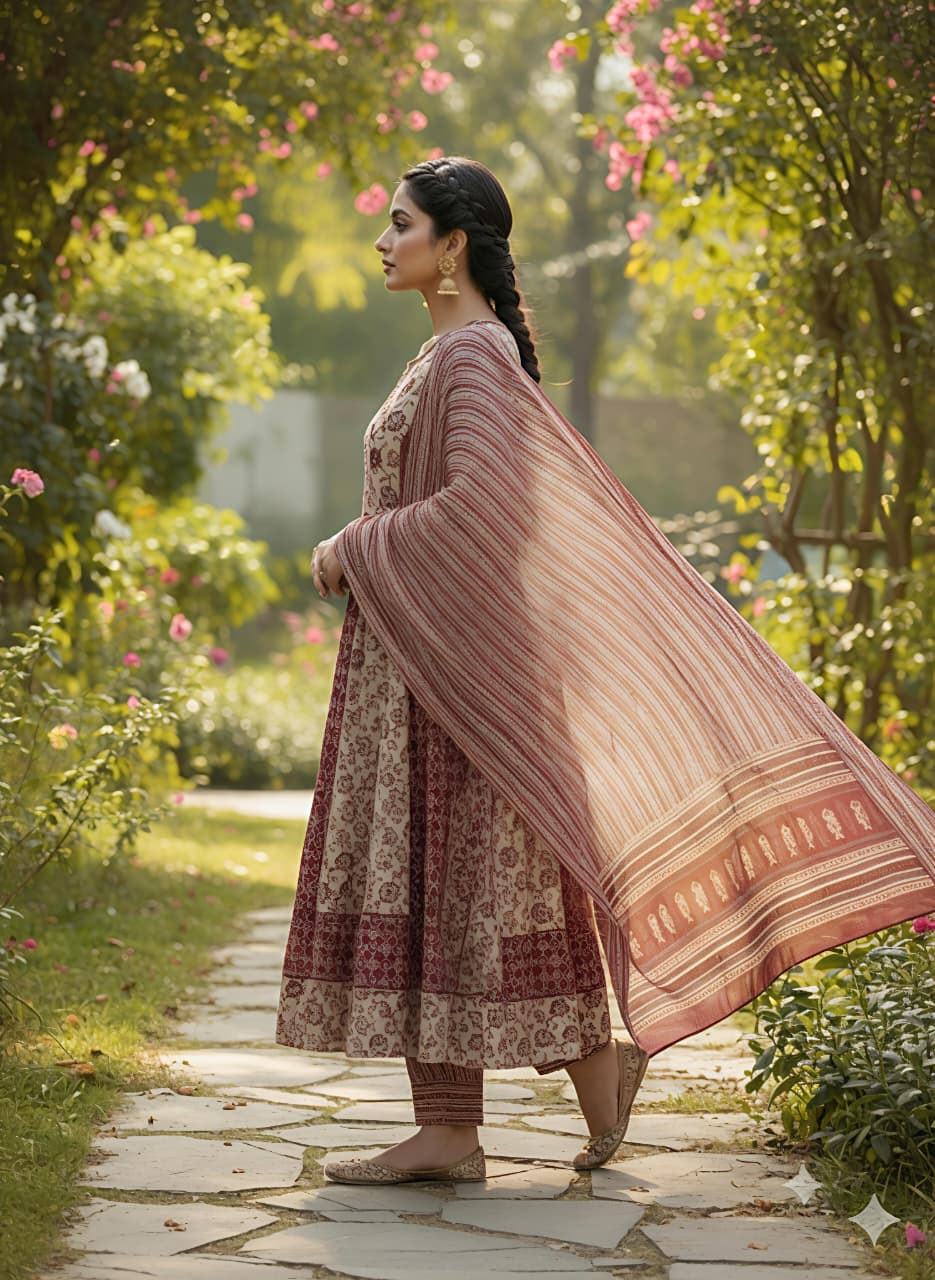 Womens pure cotton Flared Kurta pant duptta set