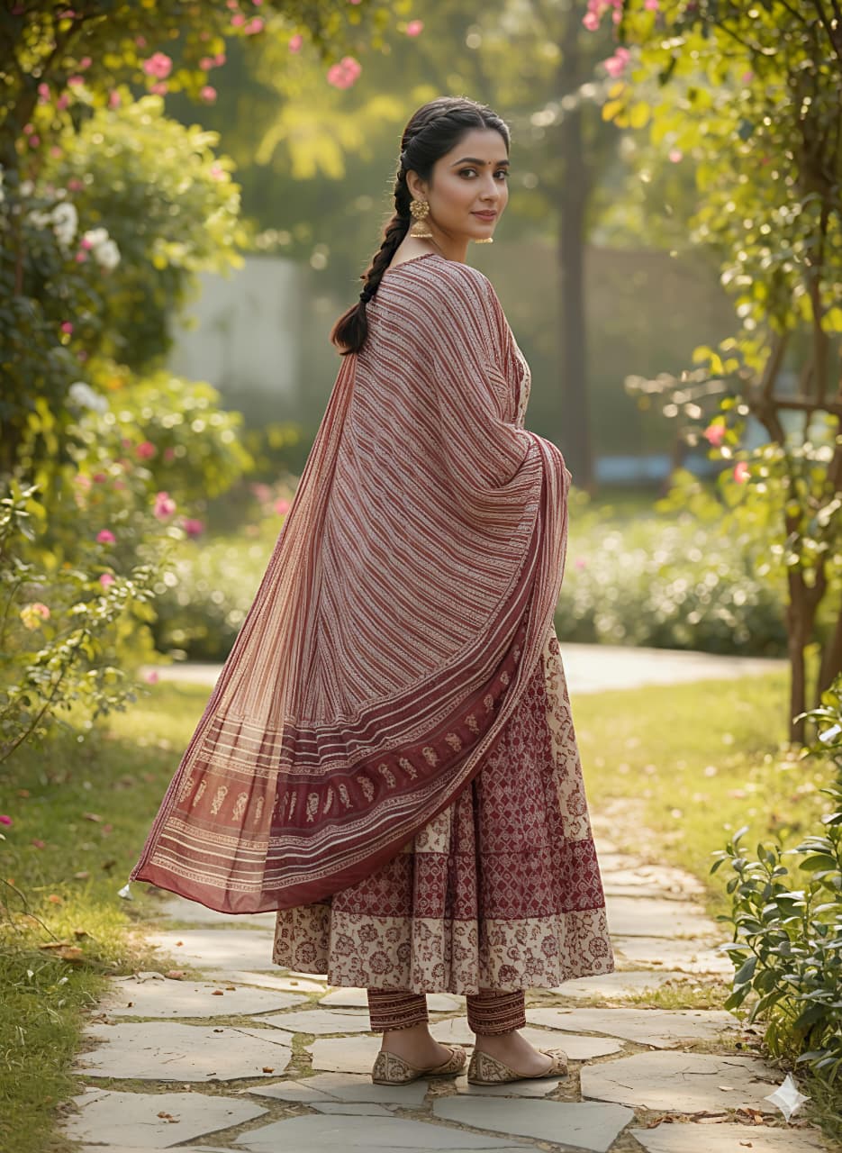 Womens pure cotton Flared Kurta pant duptta set