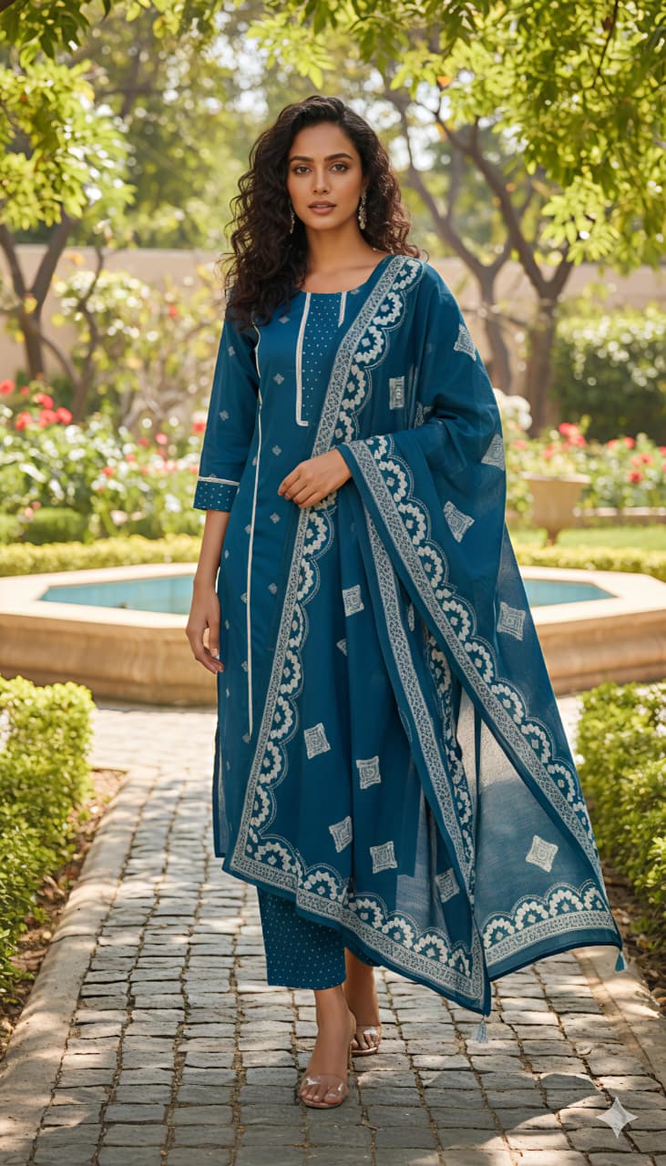 Womens Pure cotton printed kurta pant dupatta set