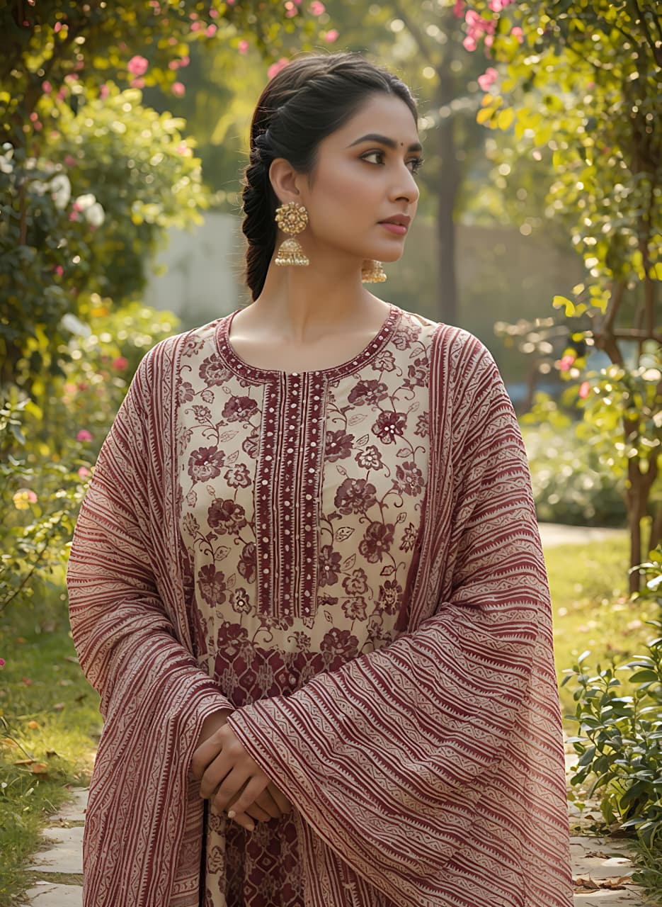 Pure Cotton Hand Work Kurta Pant Dupatta Set