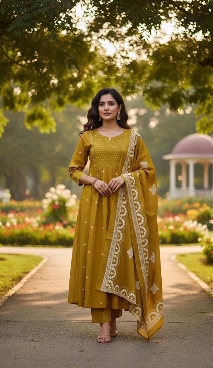 Pure Cotton Pleated Kurta Pant Dupatta Set