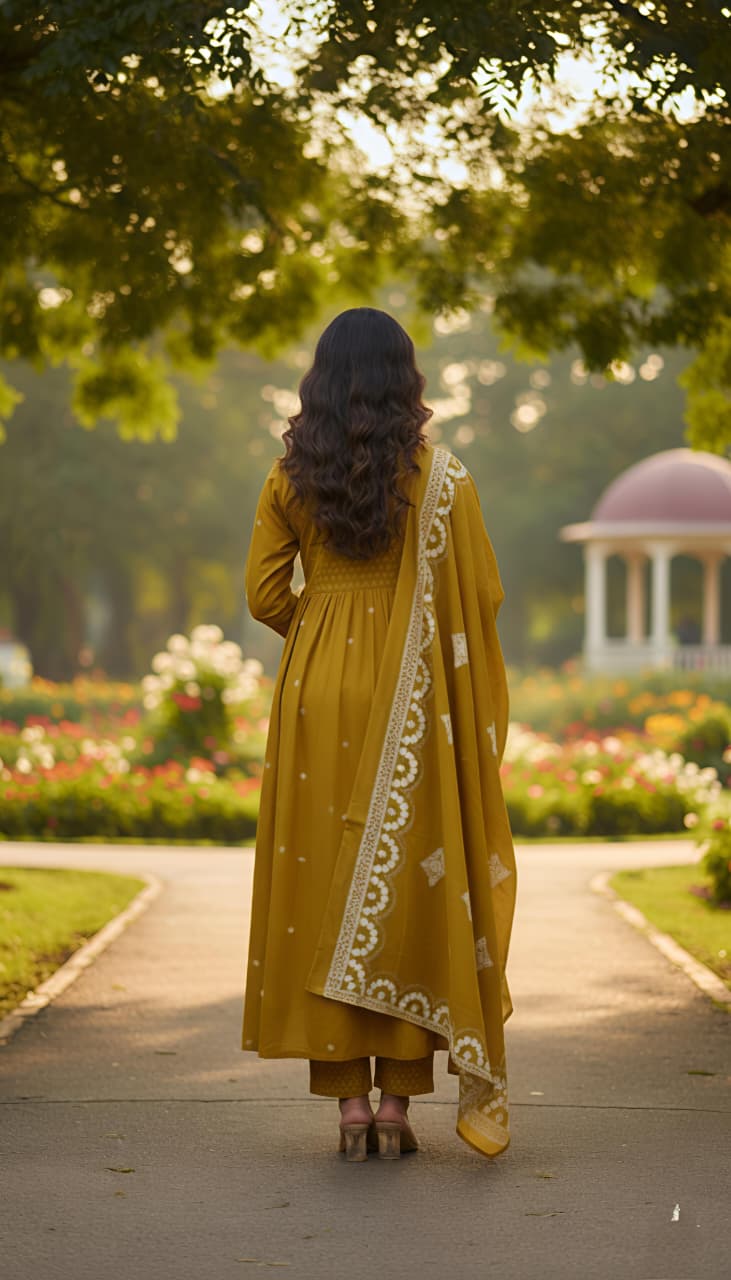 Pure Cotton Pleated Kurta Pant Dupatta Set