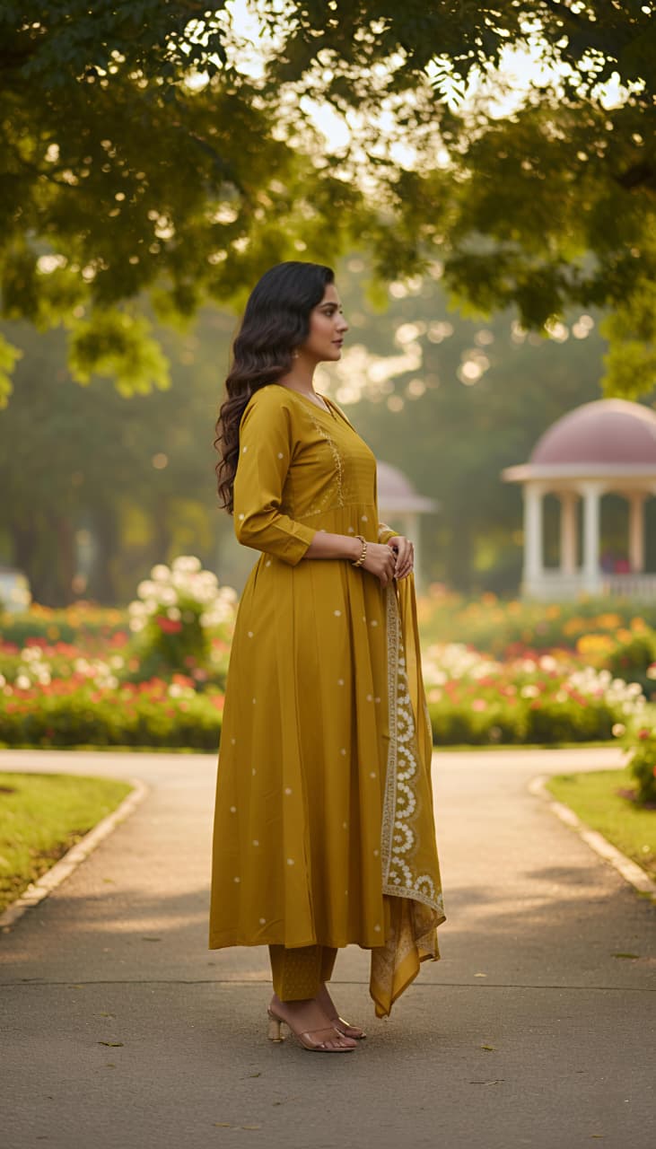 Pure Cotton Pleated Kurta Pant Dupatta Set