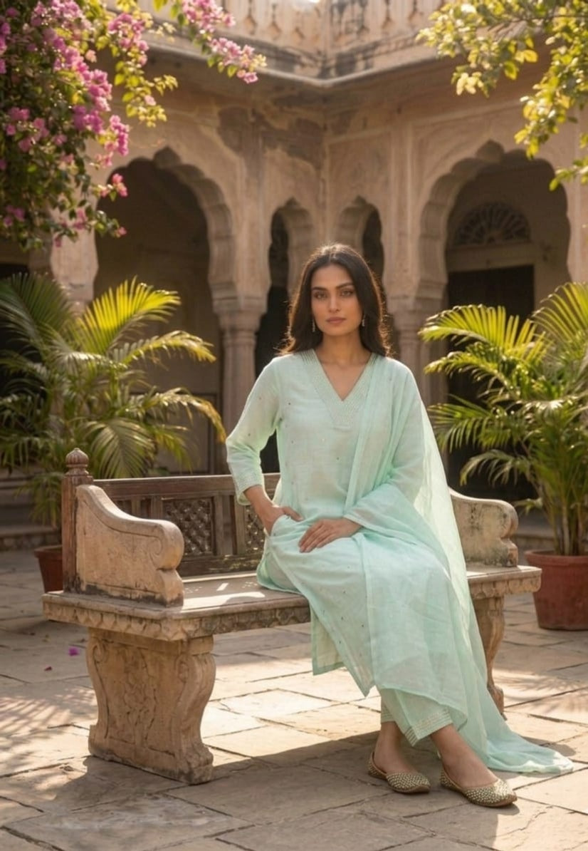 Women pure cotton embroidered kurta pant dupatta set