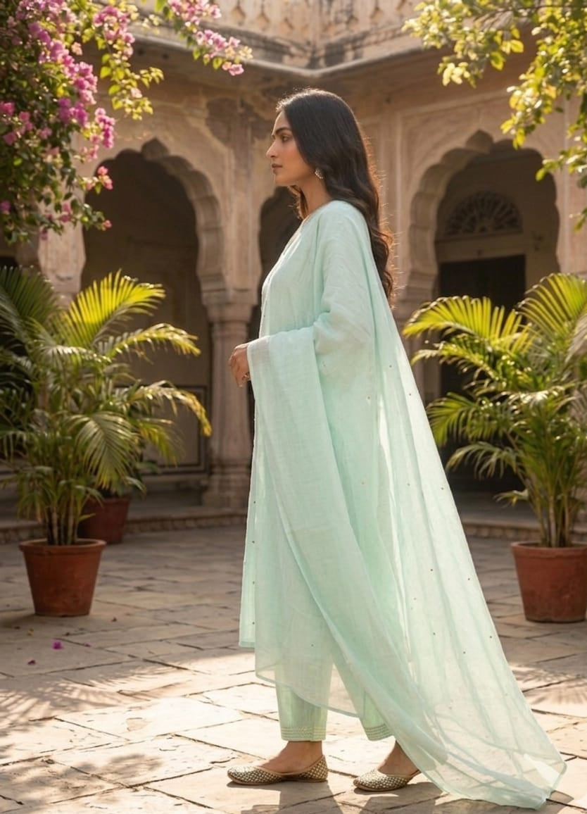 Women pure cotton embroidered kurta pant dupatta set