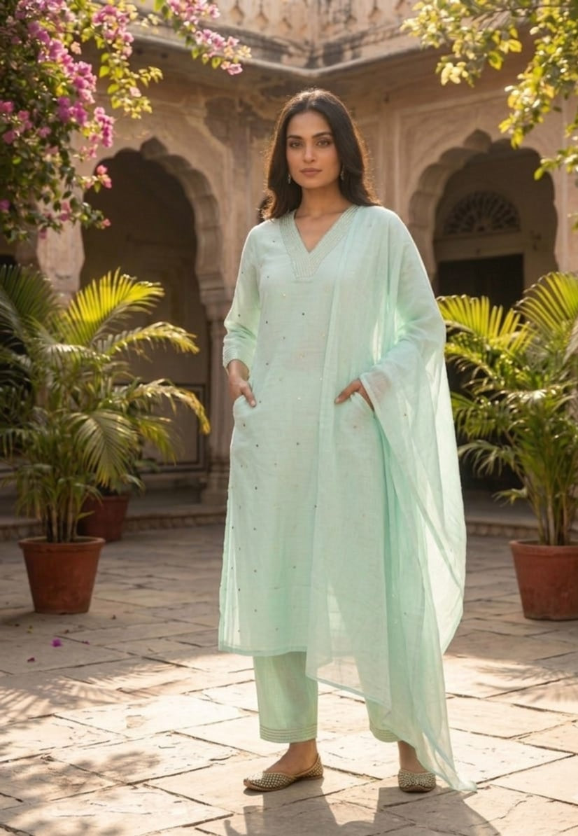 Women pure cotton embroidered kurta pant dupatta set