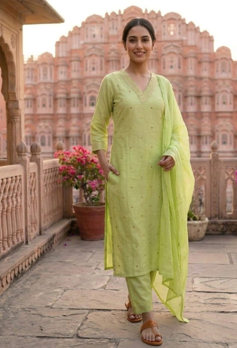 women pure cotton kurta pant dupatta set