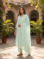 Women pure cotton embroidered kurta pant dupatta set