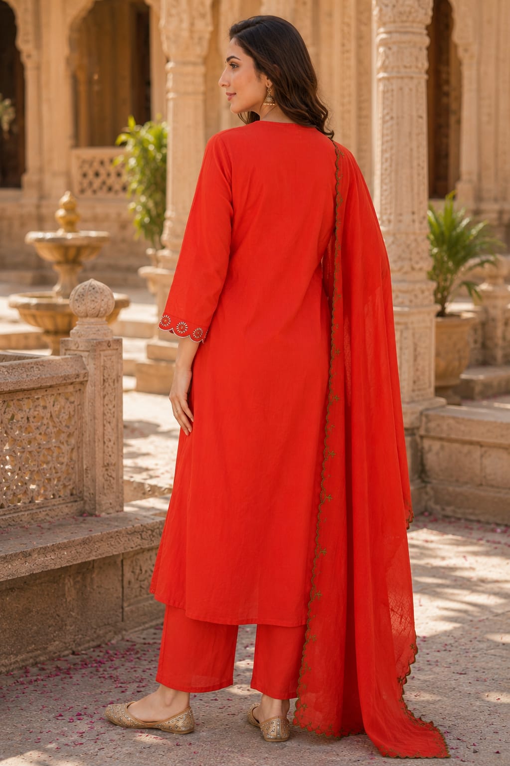 Erisha Women's Orange Embroidered cotton kurta pant dupatta set| Ethnic wear for women