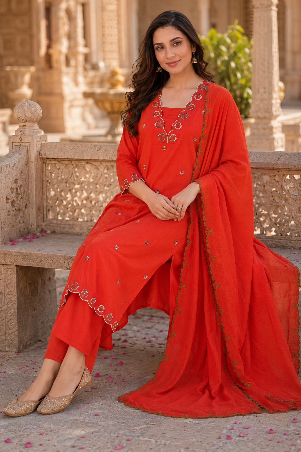 Erisha Women's Orange Embroidered cotton kurta pant dupatta set| Ethnic wear for women