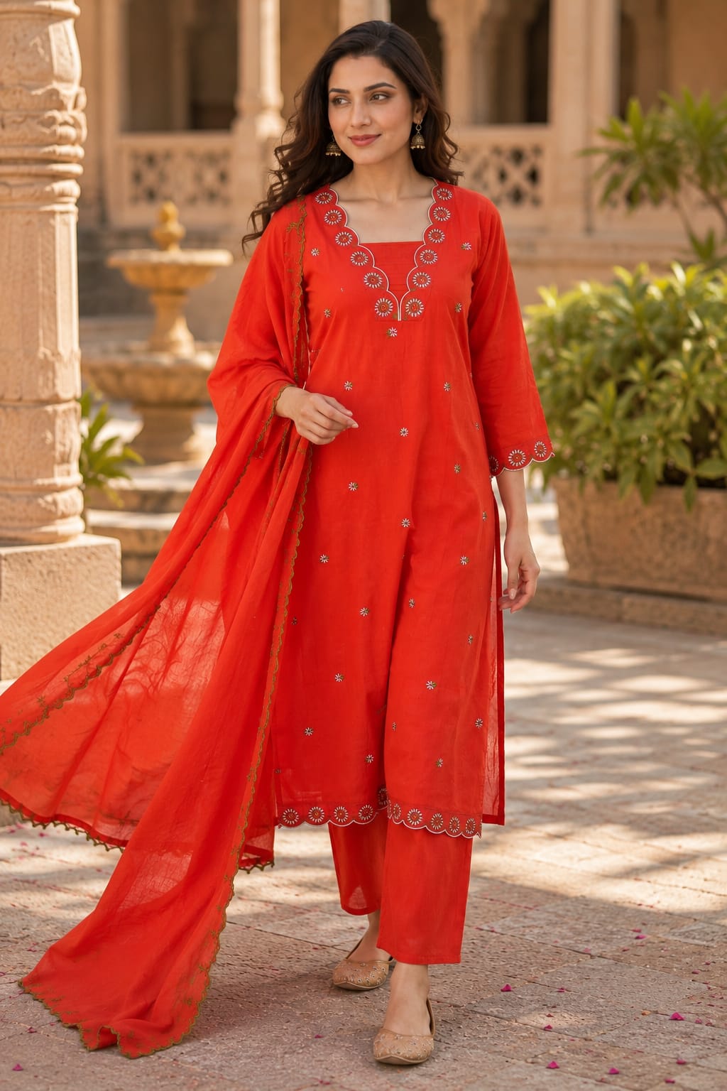 Erisha Women's Orange Embroidered cotton kurta pant dupatta set| Ethnic wear for women