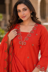 Erisha Women's Orange Embroidered cotton kurta pant dupatta set| Ethnic wear for women