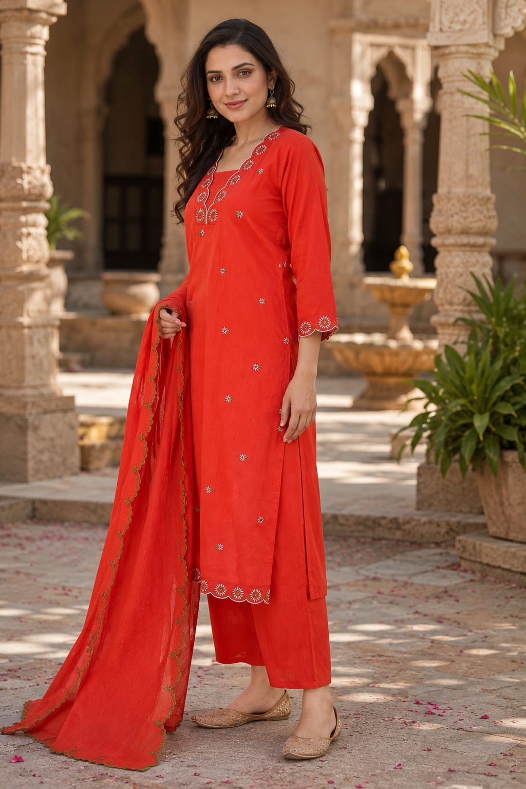 Erisha Women's Orange Embroidered cotton kurta pant dupatta set| Ethnic wear for women