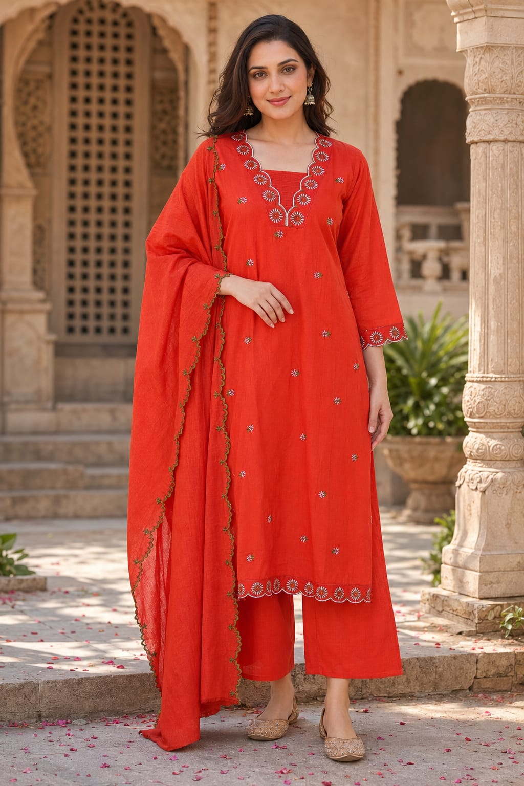 Erisha Women's Orange Embroidered cotton kurta pant dupatta set| Ethnic wear for women