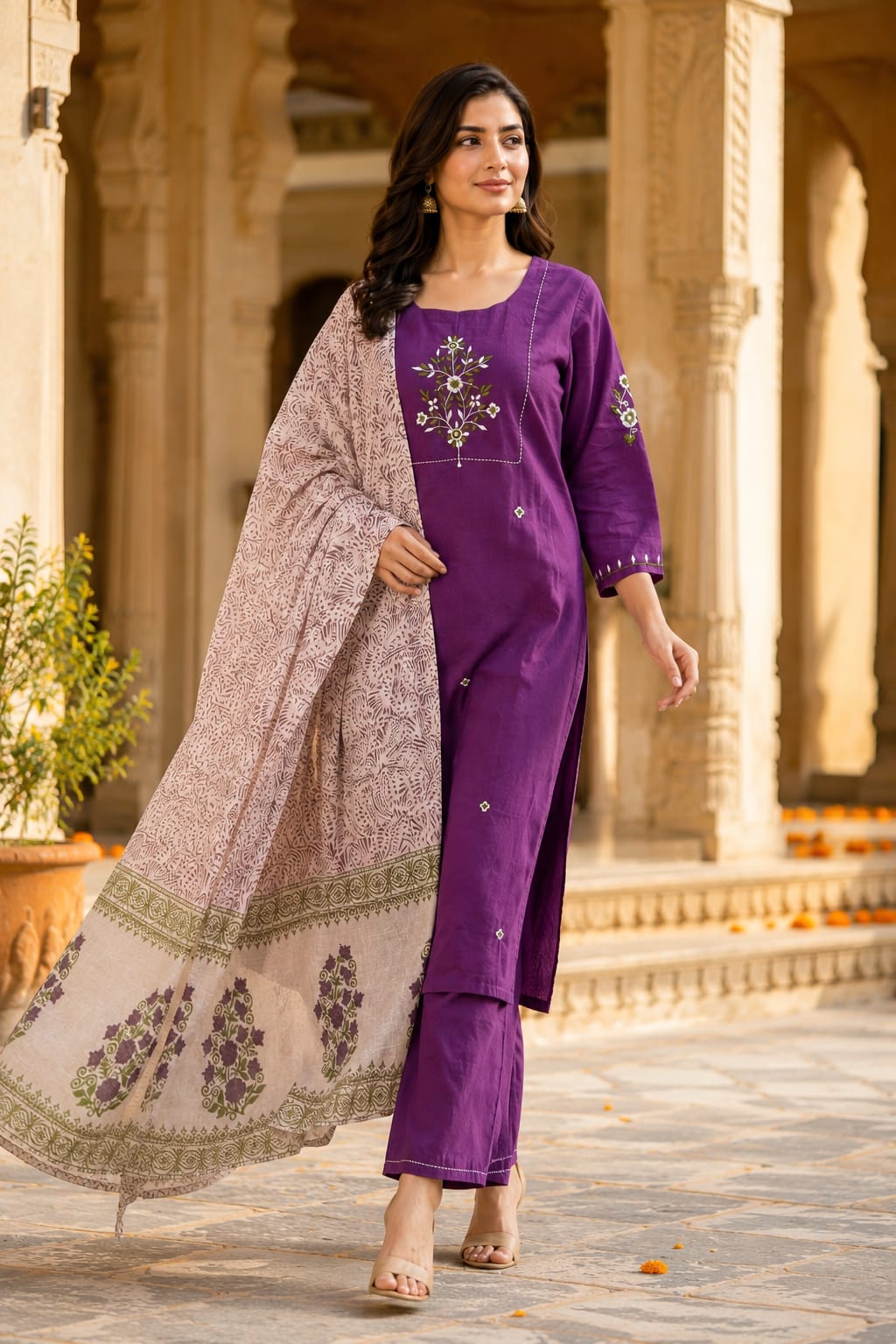 Erisha Women's Purple Embroidered cotton Kurta Pant Dupatta Set| Elegant Ethnic wear suit set for women