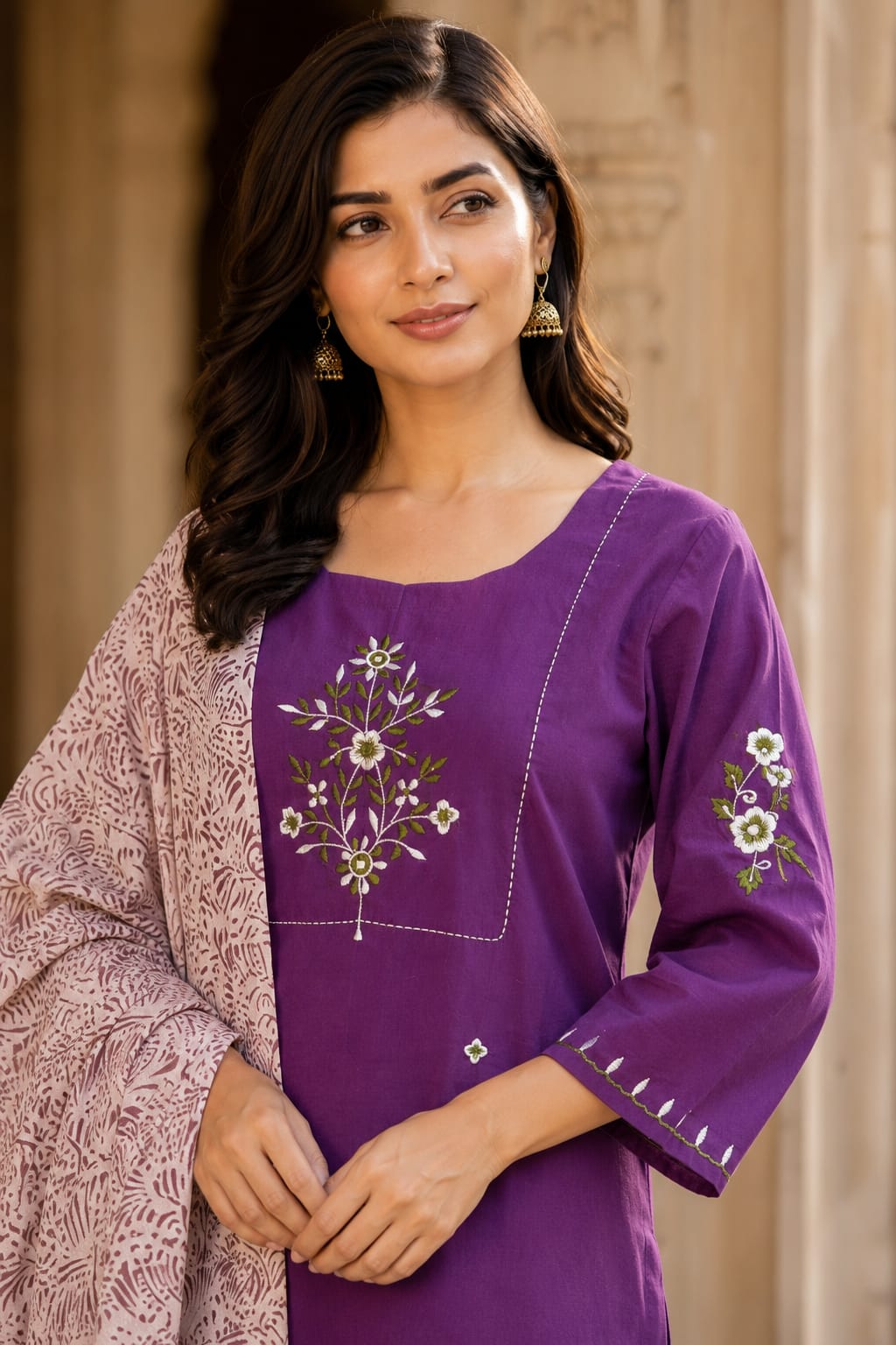 Erisha Women's Purple Embroidered cotton Kurta Pant Dupatta Set| Elegant Ethnic wear suit set for women