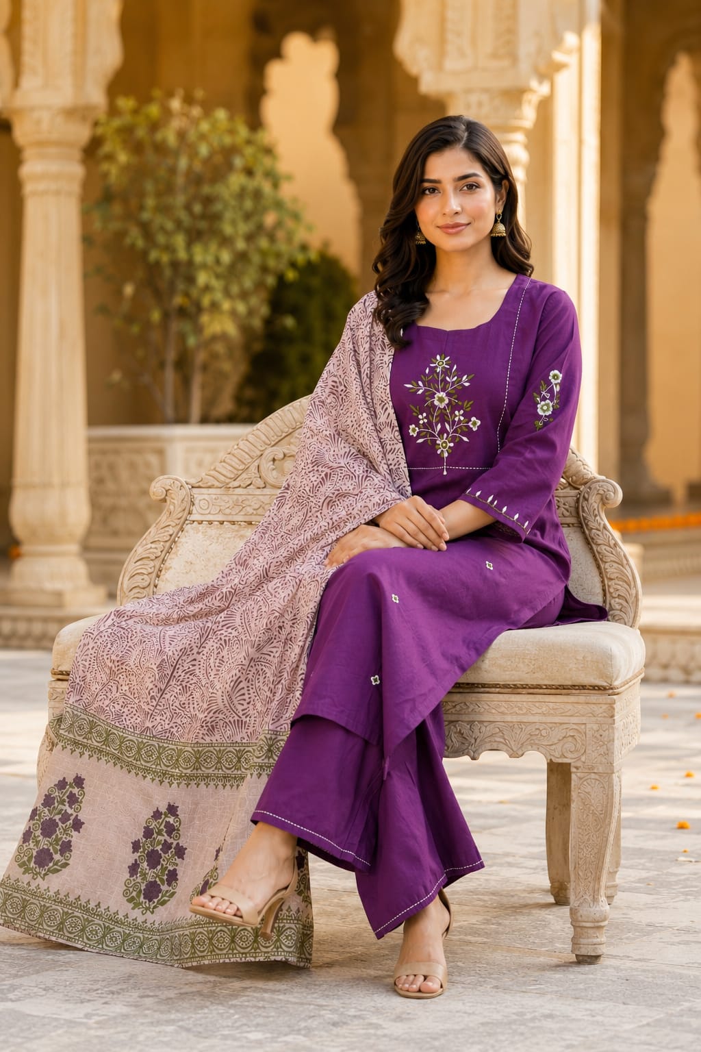 Erisha Women's Purple Embroidered cotton Kurta Pant Dupatta Set| Elegant Ethnic wear suit set for women