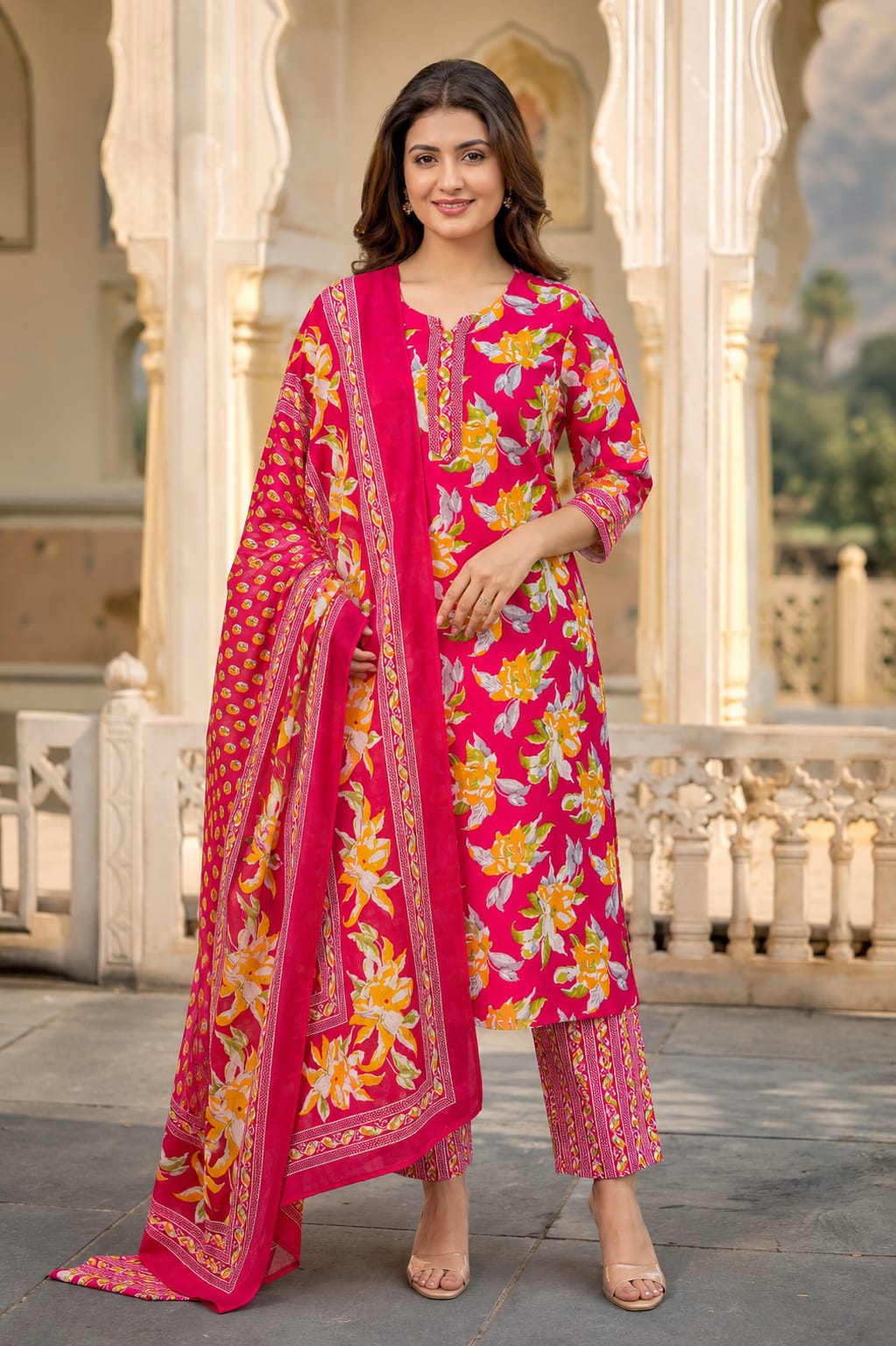 Women's Pink Floral Cotton Kurta pant Dupatta Set| Premium Ethnic wear for women| Summer festive collection