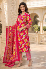 Women's Pink Floral Cotton Kurta pant Dupatta Set| Premium Ethnic wear for women| Summer festive collection