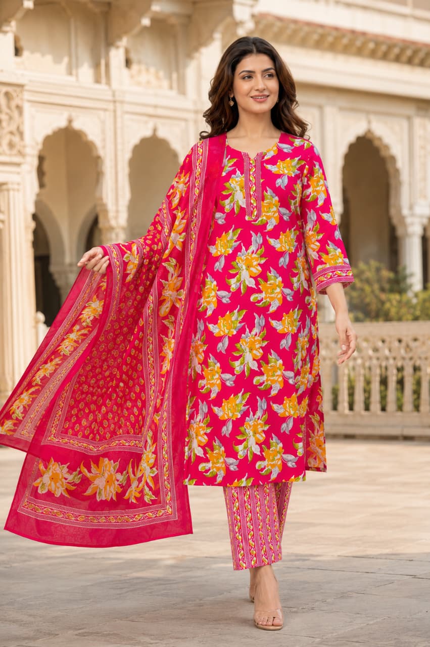 Women's Pink Floral Cotton Kurta pant Dupatta Set| Premium Ethnic wear for women| Summer festive collection