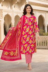 Women's Pink Floral Cotton Kurta pant Dupatta Set| Premium Ethnic wear for women| Summer festive collection