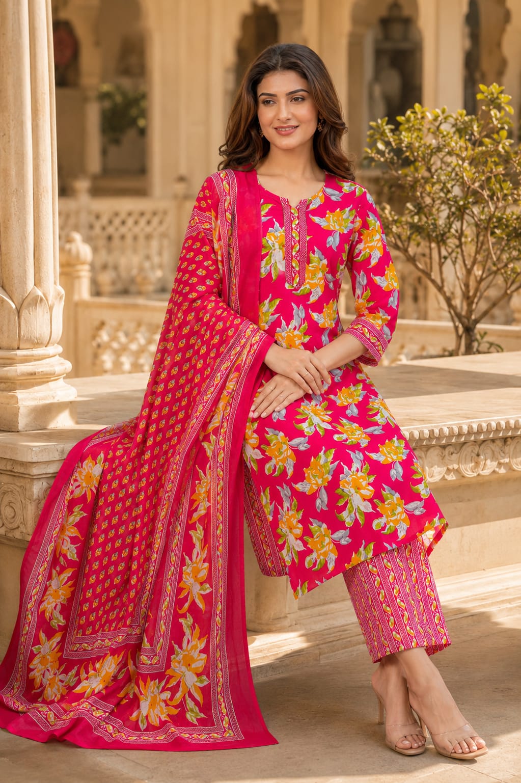 Women's Pink Floral Cotton Kurta pant Dupatta Set| Premium Ethnic wear for women| Summer festive collection