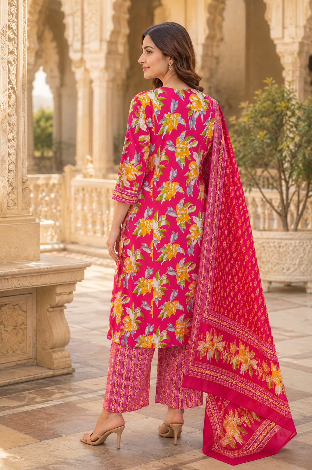 Women's Pink Floral Cotton Kurta pant Dupatta Set| Premium Ethnic wear for women| Summer festive collection