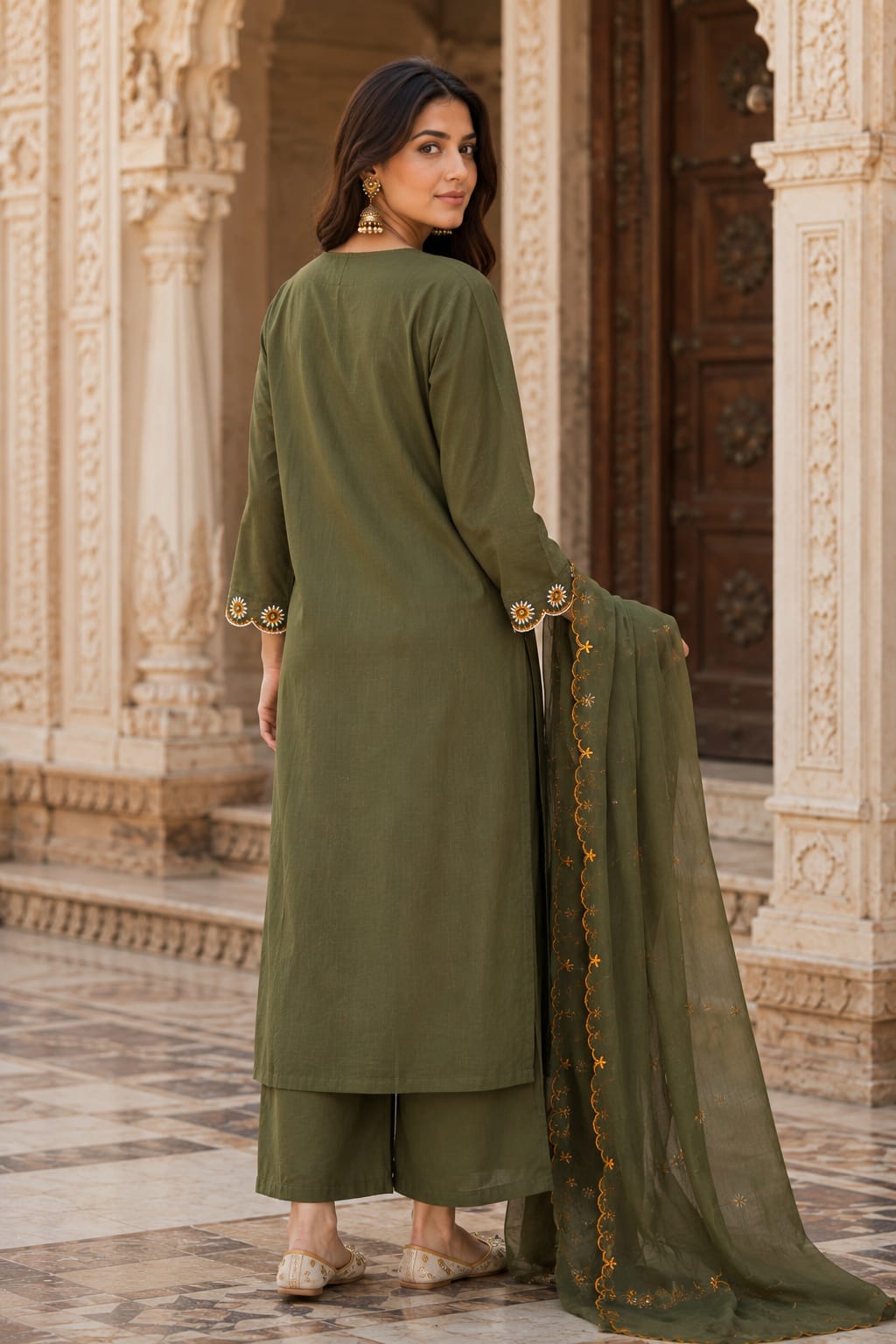 ERISHA Olive Green Embroidered Cotton Kurta Set with Dupatta & Palazzo for Women | Ethnic Wear Collection