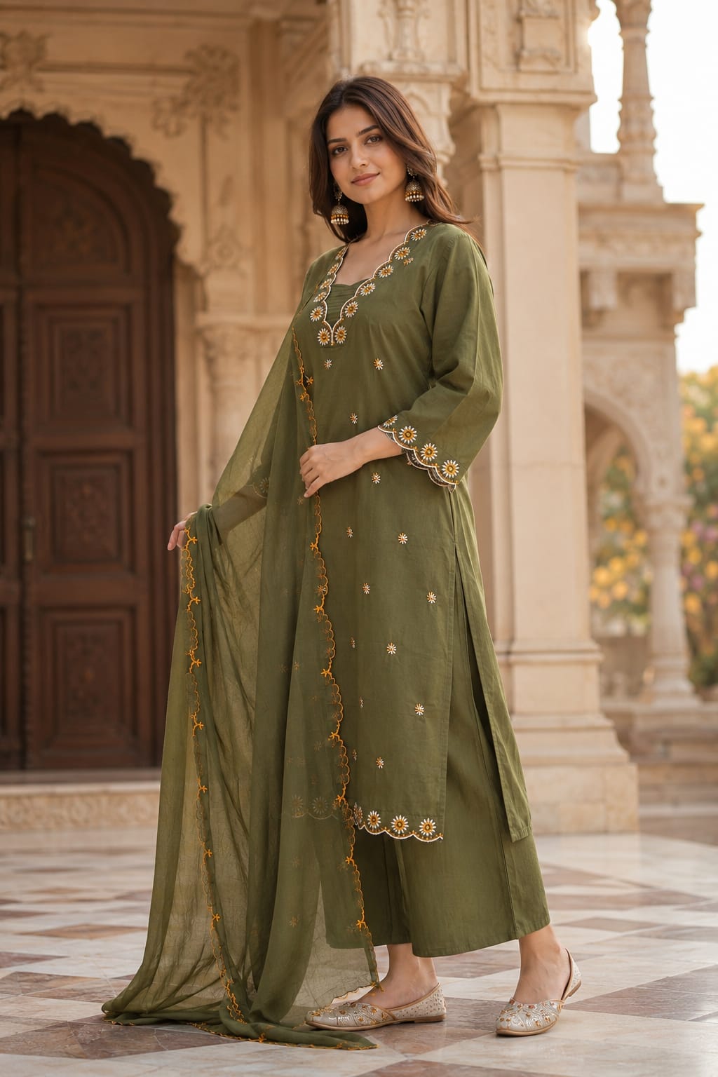ERISHA Olive Green Embroidered Cotton Kurta Set with Dupatta & Palazzo for Women | Ethnic Wear Collection