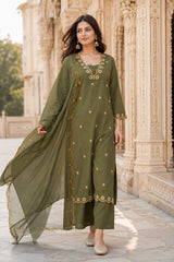 ERISHA Olive Green Embroidered Cotton Kurta Set with Dupatta & Palazzo for Women | Ethnic Wear Collection