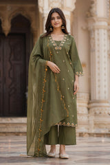 ERISHA Olive Green Embroidered Cotton Kurta Set with Dupatta & Palazzo for Women | Ethnic Wear Collection