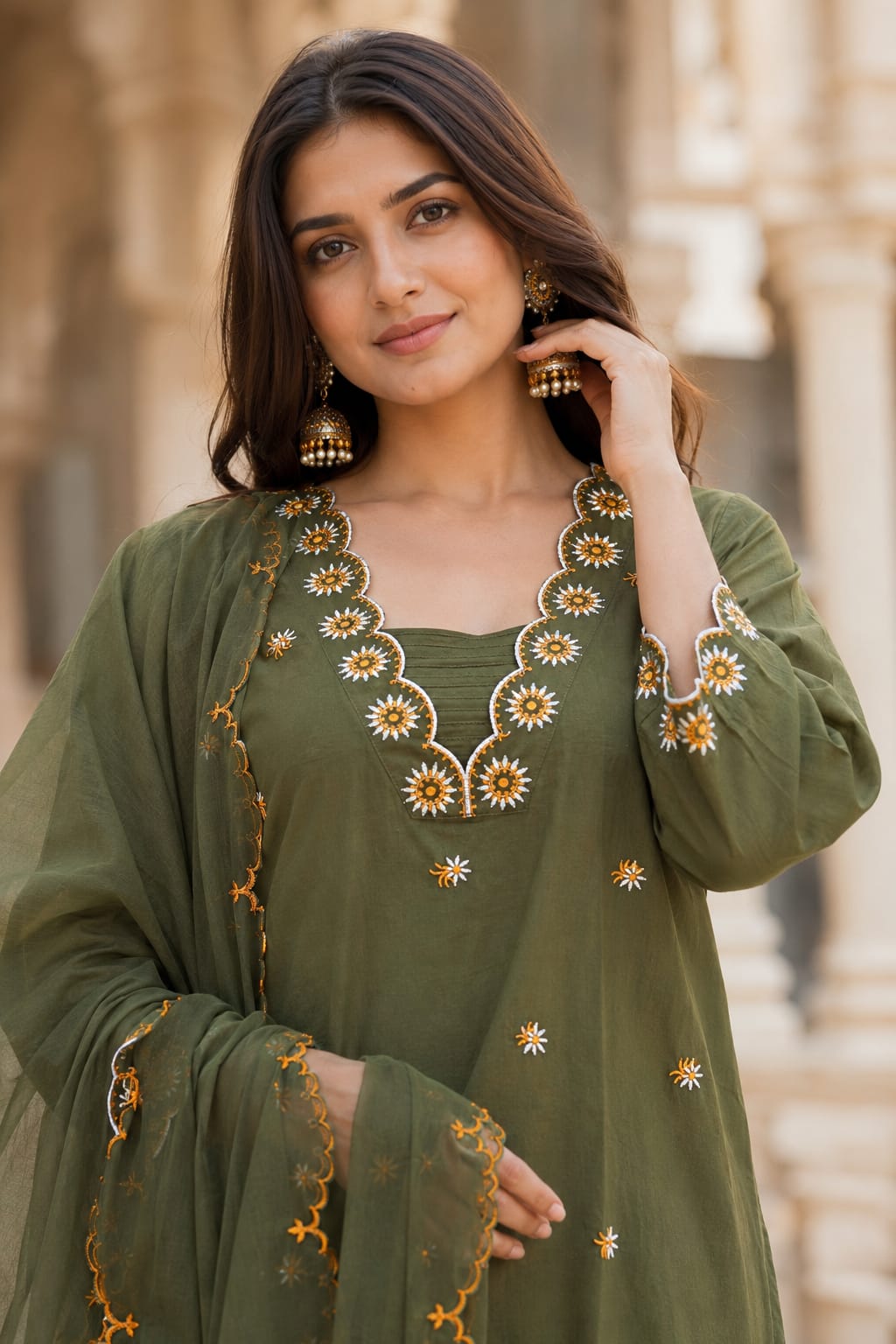 ERISHA Olive Green Embroidered Cotton Kurta Set with Dupatta & Palazzo for Women | Ethnic Wear Collection