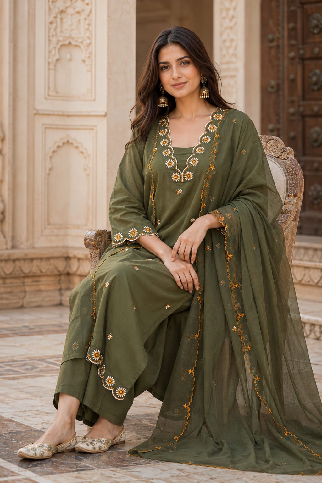 ERISHA Olive Green Embroidered Cotton Kurta Set with Dupatta & Palazzo for Women | Ethnic Wear Collection