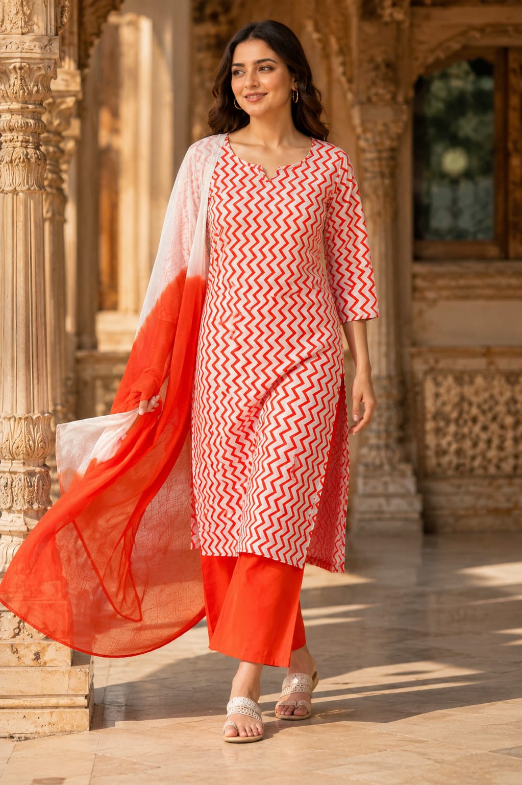 Orange, White Printed Cotton Kurta Set for Women with Dupatta & Pant | Summer Ethnic Wear